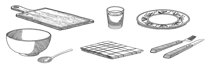 Household objects - hand-drawn illustration - black lines with white filling on transparent background