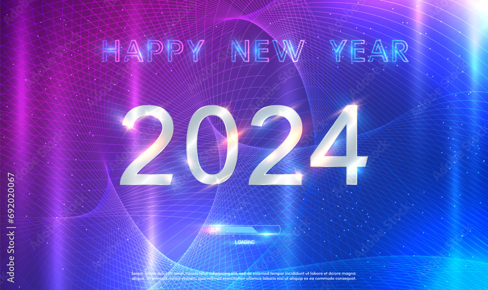 Poster happy new year 2024 futuristic technology and science background with connected particle lines.glowi