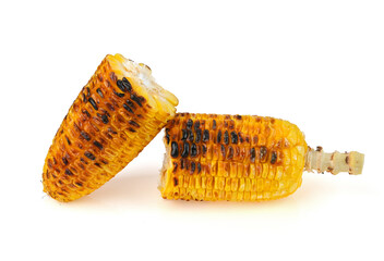 Grilled corn on the cob , grilled sweet corn , Snack from pieces of grilled corn isolated on white background