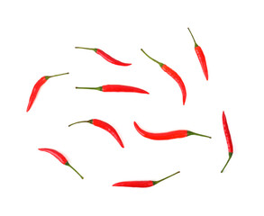 Red chili peppers, isolated on white background. top view
