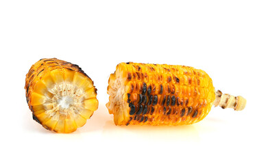 Grilled corn on the cob , half of grilled sweet corn on white background