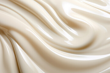 A close-up macro photo that vividly captures the texture of flowing liquid white chocolate