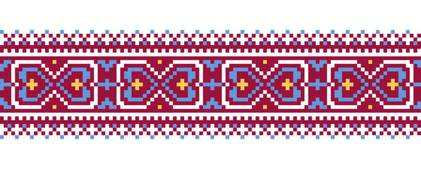 Ukrainian colorful embroidery vector ornament, border, pattern. Pixel art, cross stitch