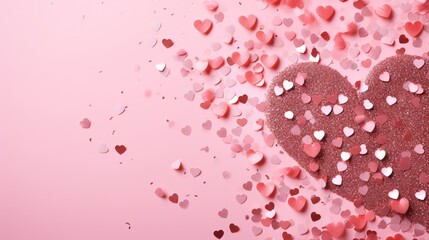 a heart-shaped confetti scattered on a warm, pink surface, adding a touch of celebration and joy.