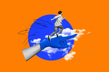 Horizontal funny photo collage of big hand in glove pointing forward man run along arm clouds...