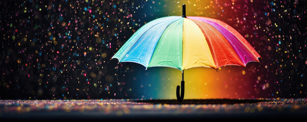Rainbow umbrella in heavy rain. Raining protection concept.