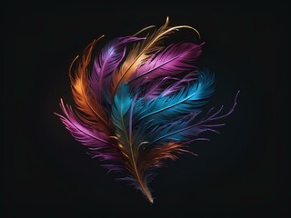 Obraz premium colorful feathers, glowing lines, black background, for design, isolated
