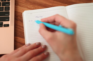 Woman writing plan in diary with pen closeup. Case planning concept