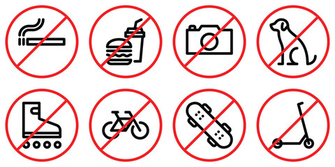 Set of prohibition line signs. No smoking, food and drinks, photo, dog, roller skates, bicycle, skateboard, kick scooter outline icons isolated on white background. Editable stroke. Vector graphics