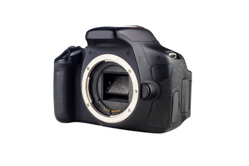 The concept of the need for camera care. The concept of the need to clean the matrix of photo video equipment. Black camera with a dusty mirror on a white isolated background.