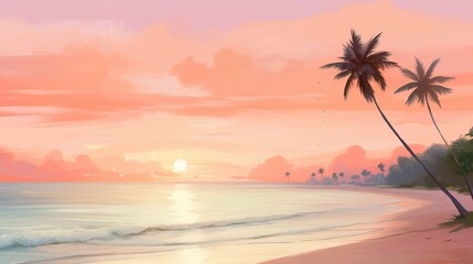 Tranquil Sunset on a Tropical Beach with Palm Trees and Soft Pink Skies