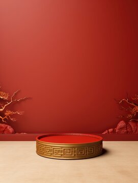 photo of an empty podium for your product, red and gold, 2024 Chinese New Year theme, dragon, Chinese New Year decorations, copy space , generative ai
