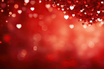 Valentine's Day. Mother's Day. Father's Day. Bokeh of red hearts on a red background. Copy space.