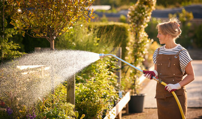 Woman Working Outdoors In Garden Centre Watering Plants - Powered by Adobe