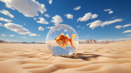Unhappy goldfish in a spherical aquarium in the desert under the sun and blue sky with clouds. Step out of your comfort zone concept, feeling out of place