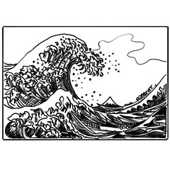 The wave, japan art motif, black pencil, hand drawn illustration (transparent PNG)
