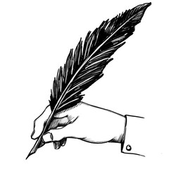 Hand with feather, Writing, black pencil, hand drawn illustration (transparent PNG)