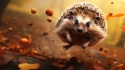Freedom the hedgehog runs through the autumn forest - obrazy, fototapety, plakaty