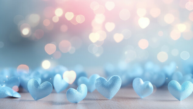Fototapeta Blue and pink heart shapes, Valentines day background. Be my valentine theme. valentine celebration concept greeting card hearts on string with gold defused bokeh lights in the background