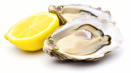 Fresh opened oyster with lemon isolated on white background - obrazy, fototapety, plakaty