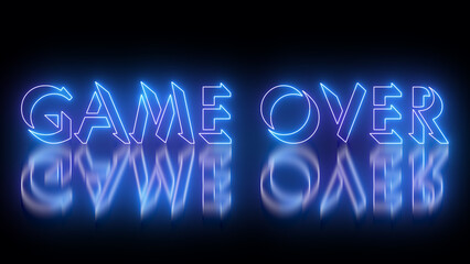 Glowing neon-colored Game Over word text illustration. Neon-colored Game Over text with a glowing neon-colored moving outline on a dark background in 4k. Technology video material illustration. - obrazy, fototapety, plakaty