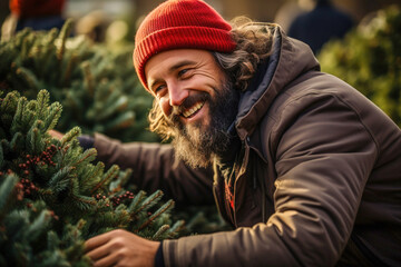 Naklejka na ściany i meble Happy man choosing christmas tree at festive christmas market