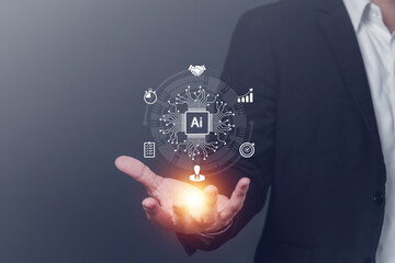 Ai technology, Artificial Intelligence. Concept of using AI to  Business transactions and customer service automation, Businessman using smart robot technology, Open Ai service.