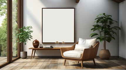 A mockup photo frame hangs on an empty wall in a living room.