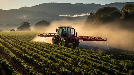 Tractor spraying pesticides on a vast green soybean plantation during the early morning hours.