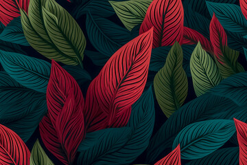 Green and Red leaves illustration,  seamless, repeatable pattern
