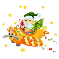 Green santa claus flies a toy plane