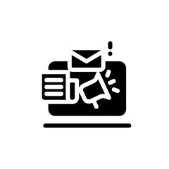 News content icon. Simple solid style. Media announce, newsletter update, digital press, coverage, laptop with megaphone concept. Black silhouette, glyph symbol. Vector illustration isolated.