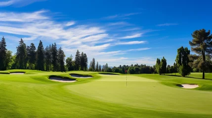 Fototapeten A manicured golf course with perfectly trimmed green lawns and golfers enjoying a sunny day. © Ahmad