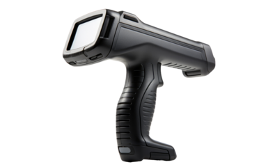 Digital Black Handheld Barcode Scanner on White or PNG Transparent Background.
