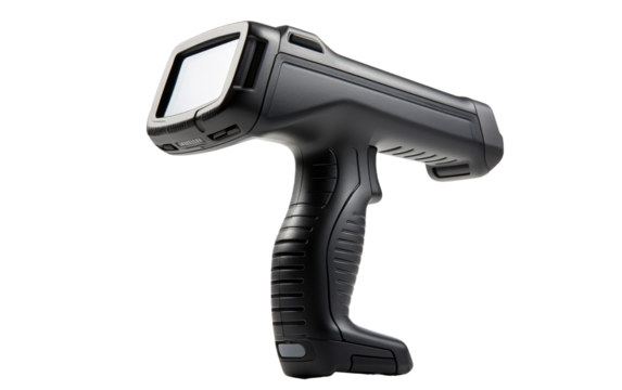 Digital Black Handheld Barcode Scanner on White or PNG Transparent Background.