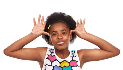 Goofy, funny and portrait of black girl in a studio with tongue out for crazy facial expression. Comedy, joke and young African child with tease, comic and silly face isolated by white background. - obrazy, fototapety, plakaty