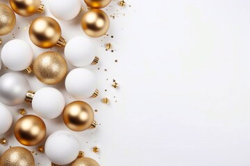 Fototapeta na wymiar Christmas composition. Christmas balls, golden decorations on white background. Flat lay, top view, 