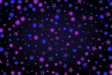 Stars confetti. Vector illustration. Confetti of blue and purple circles and stars on an abstract background, design element - obrazy, fototapety, plakaty