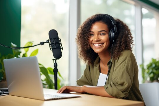 Young African American Woman Recording Podcast Or Blog Content