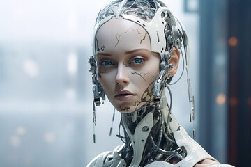 Female android face on techno background. Artificial intelligence concept. Beaytiful futuristic robot head.