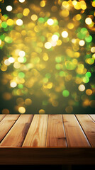 Empty wooden table mockup with defocused green and gold background, shamrock and golden glitter for Saint Patrick's Day designs