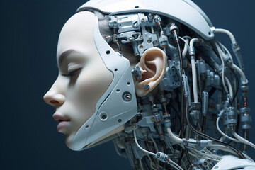 Fototapeta premium Female android face on techno background. Artificial intelligence concept. Beaytiful futuristic robot head.