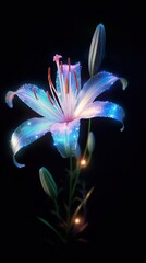 Neon glowing fantasy lily flower in soft lighting at night with beautiful blur background of nature
