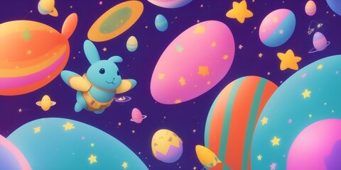 innovative background that blends the Easter theme with a space journey, featuring eggs floating among the stars and space bunnies 2