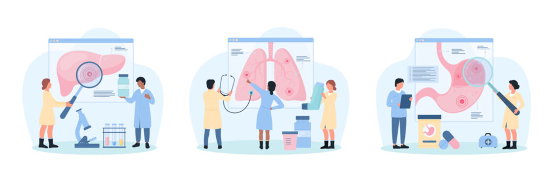 Study of internal organ diseases set vector illustration. Cartoon tiny doctors with stethoscope and magnifying glass research digital anatomy, medical infographic charts with liver, lungs and stomach