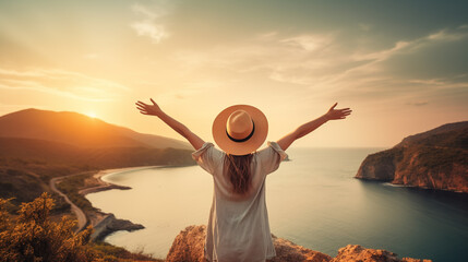 back view of a happy woman in a light dress with a  hat stands raising arms up on the top of a mountain overlooking the sunset sea. freedom and travel concept