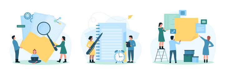 Data management and daily task organization set vector illustration. Cartoon tiny people make memo notes in paper notebook and stickers, plan agenda, add and organize business files in folders
