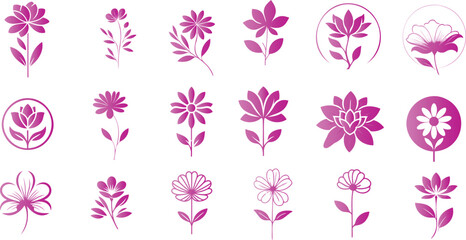 Floral vector icons collection, purple flowers on white background. Elegant, detailed flower illustrations for web design, decor, art. Perfect for garden websites, nature themes. Purple blooms stand o