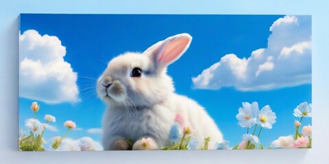 A serene Easter bunny, impeccably detailed, rests on soft green grass, creating a harmonious contrast. The pristine fur reflects springtime light, adding a touch of purity to the tranquil scene.