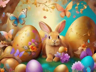 Easter background depicting an enchanted world with bunnies, golden eggs, and colorful butterflies. It promotes a magical and joyful atmosphere. 2